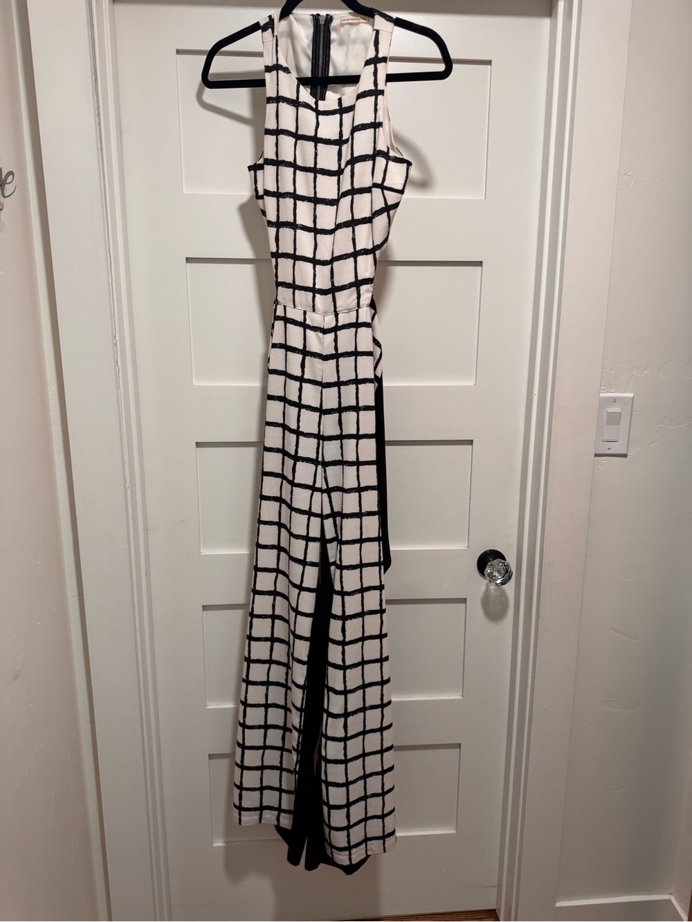 Mustard Seed Women Black White Wide Leg Grid Plaid Jumpsuit